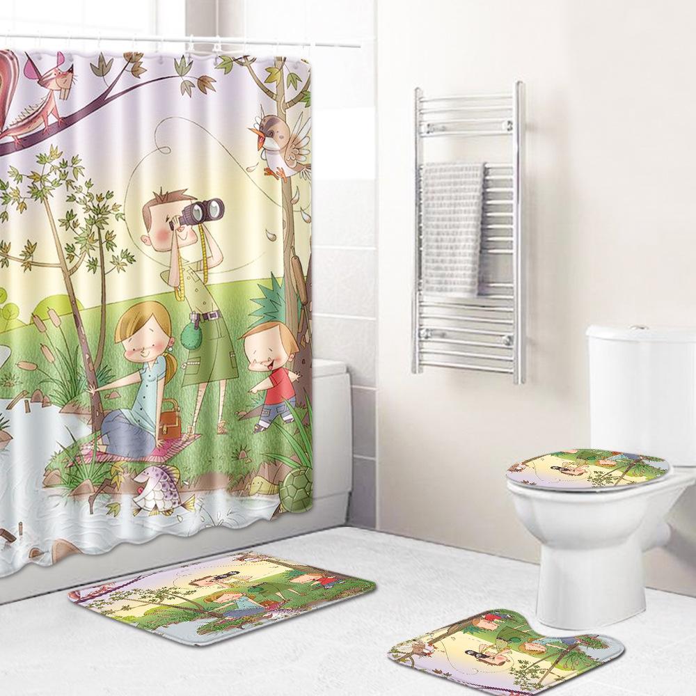 Fashion Textured Bathroom Shower Curtain Floor Mat Toilet Cover Foot Mat Four-Piece Set
