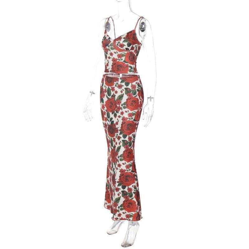 Fashion Style Rose Print Fashion Suit Women's V-neck Sling Vest + Elastic Elastic Waist Skirt Two-piece Set