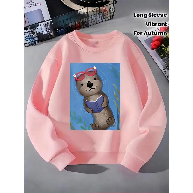 Girls' Crewneck Sweatshirt - Otter Reading Book with Fashion Glasses And Machine Washable, Spring And Autumn