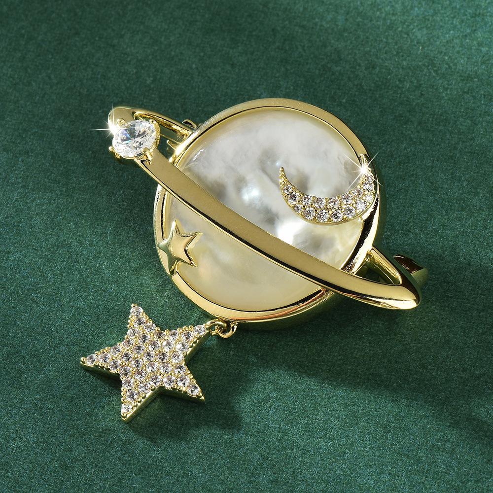 High-End Natural Mother Shell Cosmic Brooch Zircon Star Moon Clothes Decorative Brooch Pin