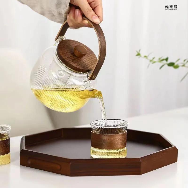 Temperature Resistant Herb Tea, Fruit Boiling Teapot, Household Cooking Integrated Wooden Handle, Glass Vertical Bubble Teapot.