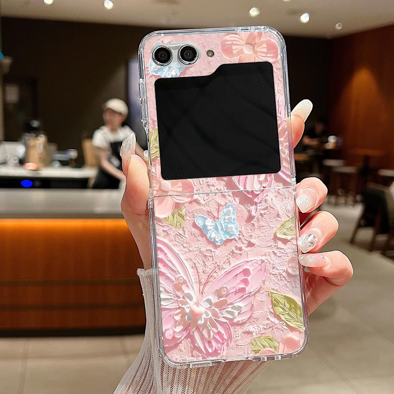 For Samsung Galaxy Z Flip 6 5 4 3 Case Luxury Oil Painting Flower Butterfly Hard Clear Folding Cover For Samsung Z Flip6 Flip5