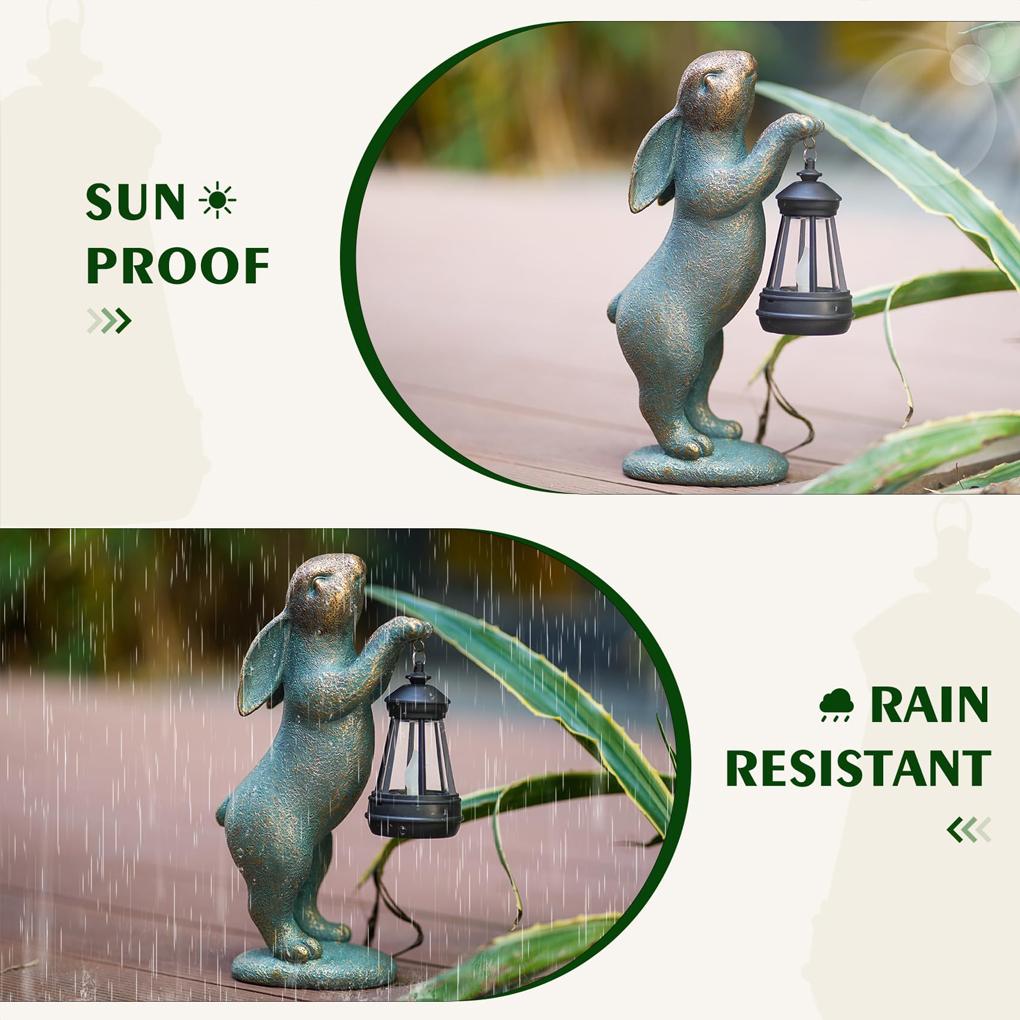Solar Bunny Statue Garden Decor with LED Solar Lantern Resin Animal Sculpture Figurine Outdoor Decoration for Garden Courtyard