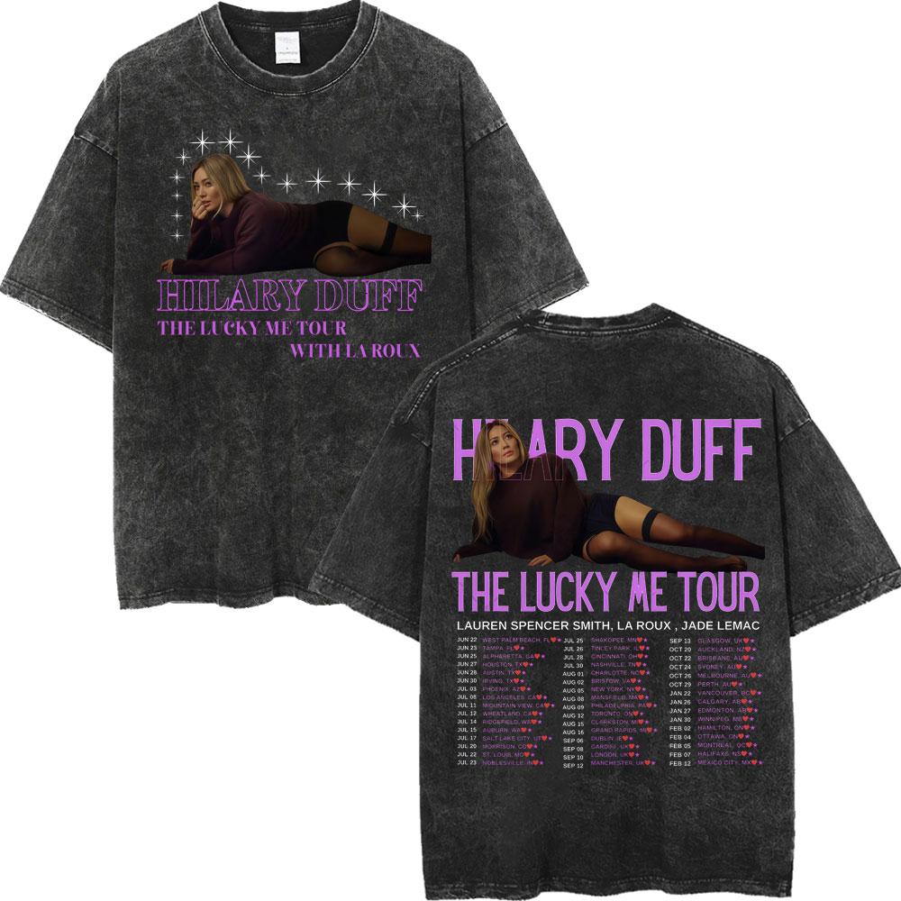 Hilary Duff The Lucky Me Tour Vintage Washed Tshirt Fashion Aesthetic Short Sleeve Tshirts Men Women Casual Loose T Shirt
