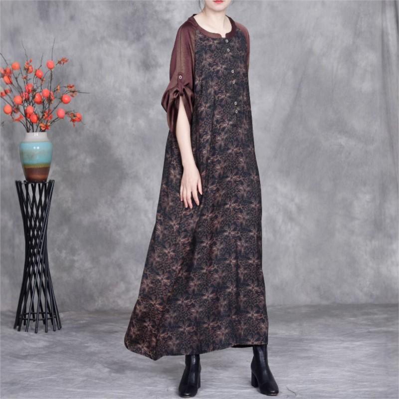 Johnature Women Vintage Print Floral Dresses O-Neck Seven Sleeve Spring A-Line High Quality Women Dress