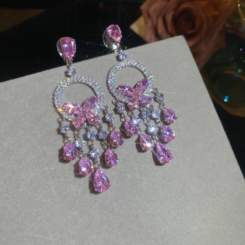 Zircon round butterfly tassel necklace earrings set French elegant light luxury collarbone chain niche high-end jewelry