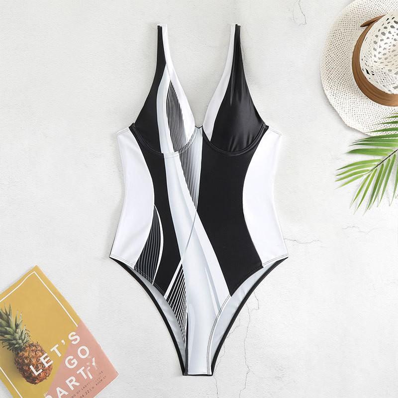 

Sexy Patchwork Low Neck One-piece Swimsuit Women Slimming Covering Belly Bikini XXL