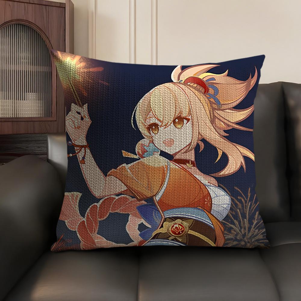 Yoimiya Genshin Impact Cute Cushion Cover Natural Linen Organic Fabric DoubleSided Printing Sofa Home Decor Gift Pillow Case