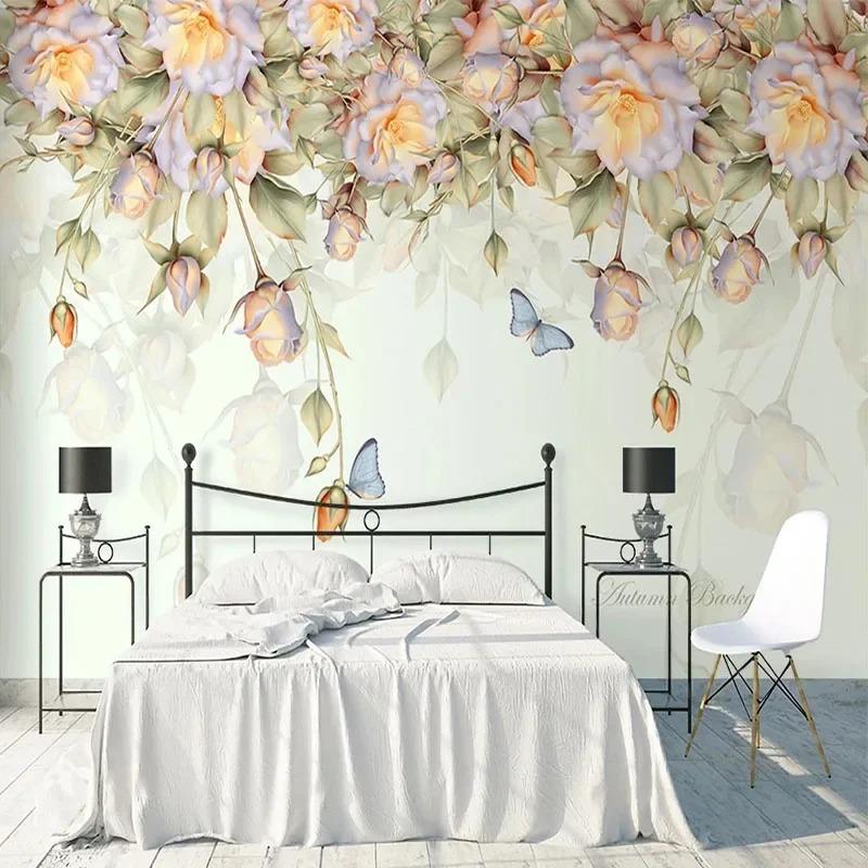 Wallpaper European Hand-Painted Oil Painting Rose Butterfly Mural Living Room Tv Sofa Bedroom Mural