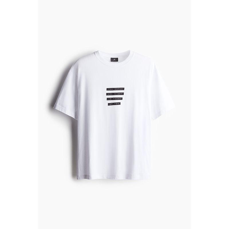 

HM Men s and Women s T-shirt Autumn Leisure Print Soft Plaid round Neck Short Sleeve Tops 0967955 White/The Words 180/116