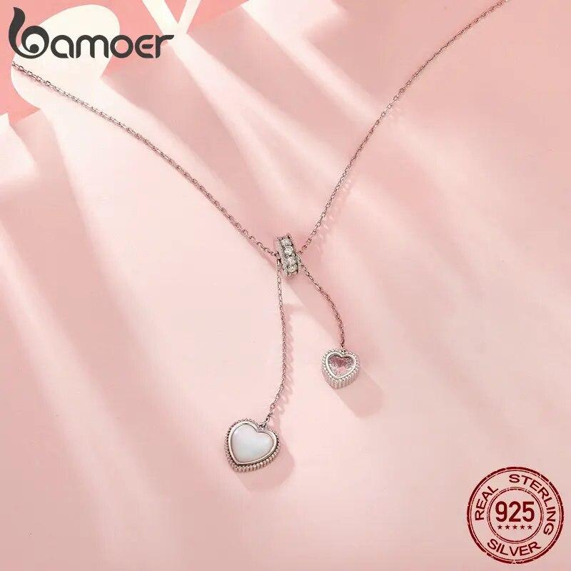 Bamoer 925 Sterling Silver Love Pendant Y Shape Necklace Double Heart Neck Chain for Women Valentine's Day Fine Jewelry Gift