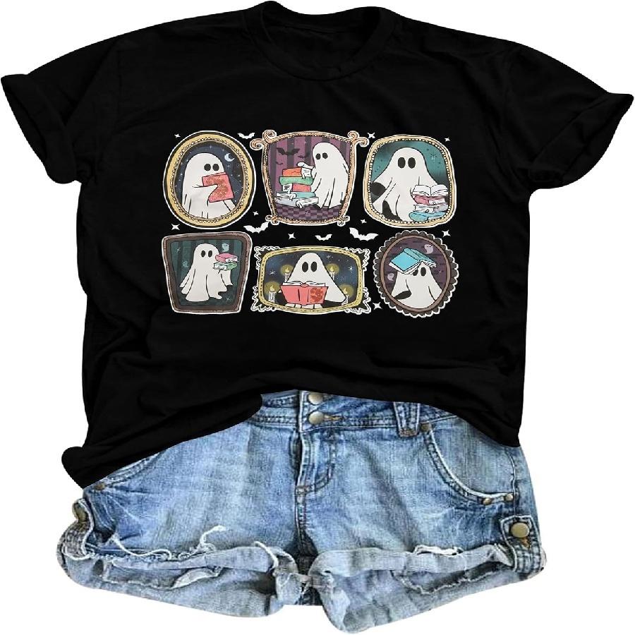 Halloween Teacher Shirts Women Ghost Reading Books T-Shirt Cute Spooky Bookish Graphic Tee Casual Short Sleeve Tops S
