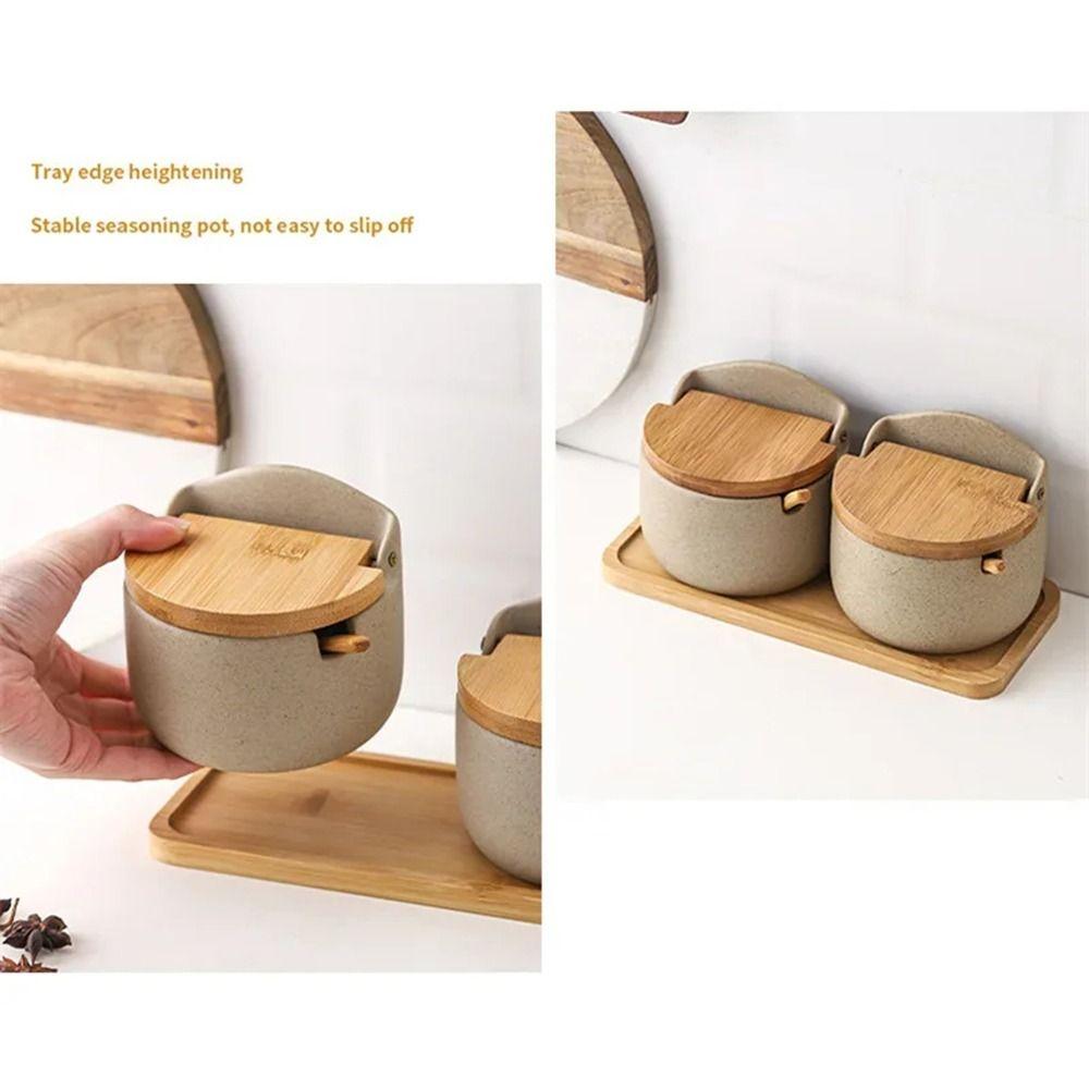 Bamboo Lid Spices Storage Box Wooden Tray Kitchen Condiment Container Kitchen Spice Pot  Kitchen