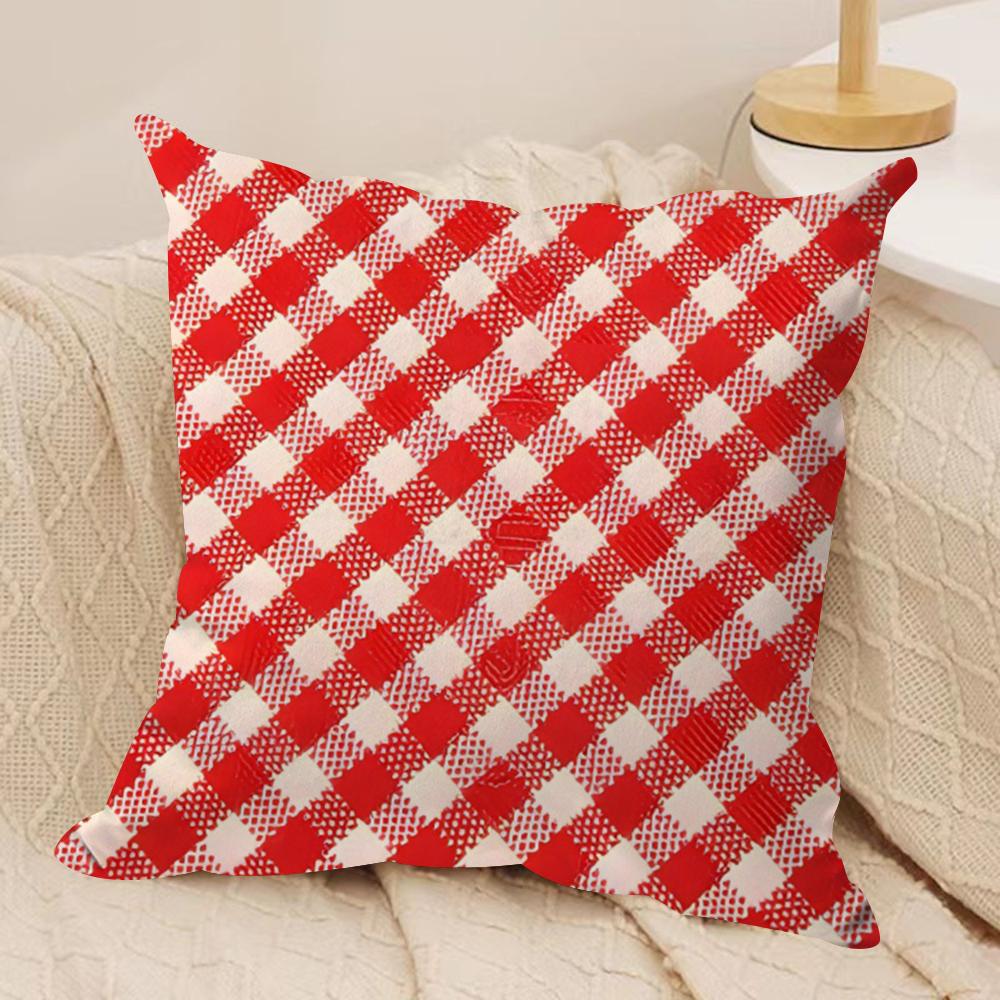 Red Plaid Cushion Cover Soft Plush Fabric Double-Sided Printed Sofa Cushion Cover for All Seasons Home Decor Gift