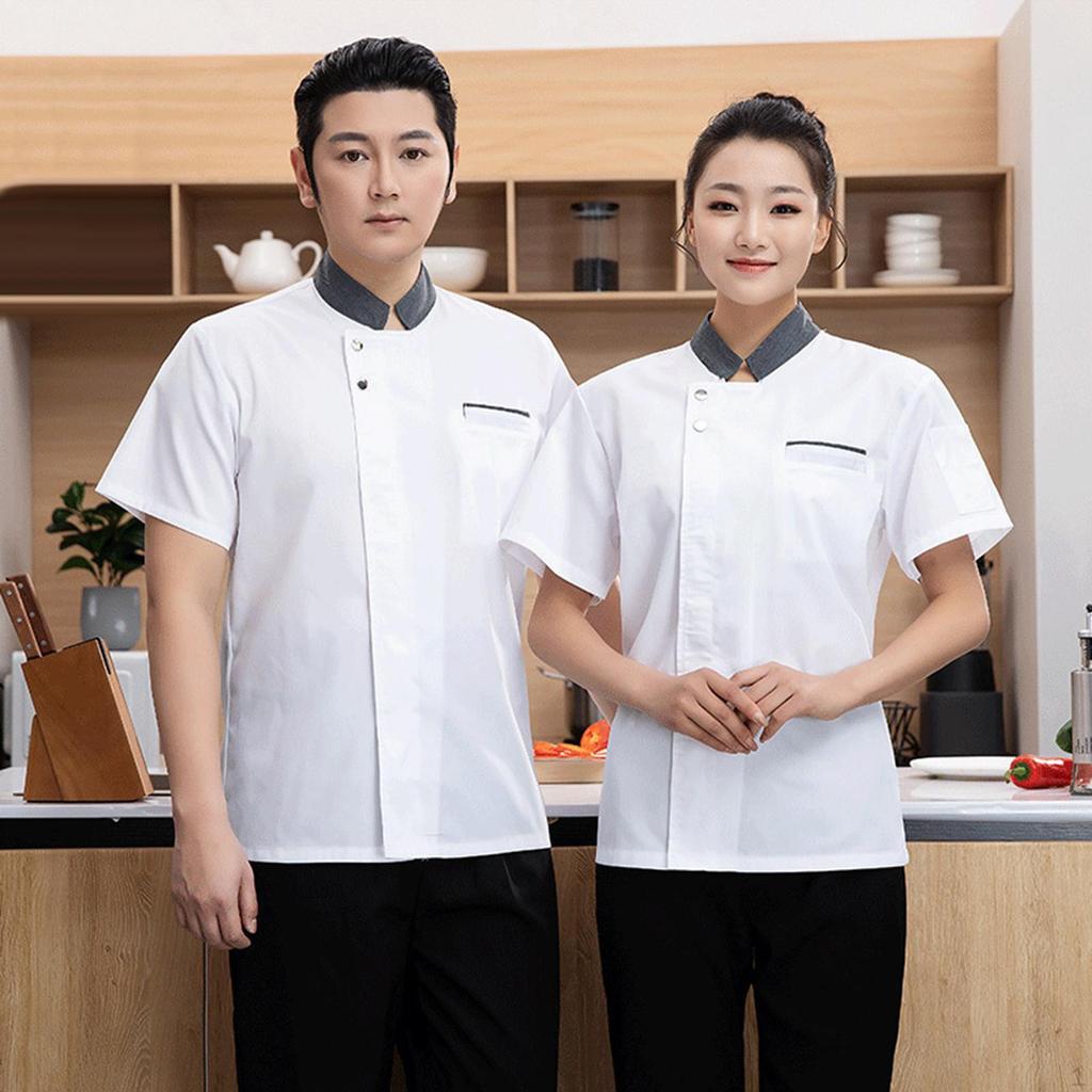 Chef Coat Jacket Overalls Short Sleeve Top Food Service Summer Snap Button Clothes Workwear for
