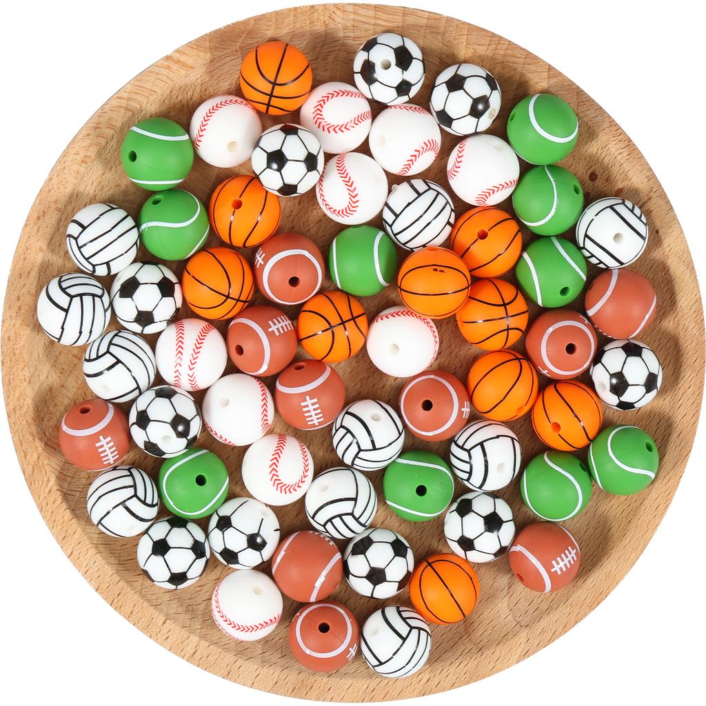 60 Stück Silikon-Kugelperlen 15 mm Silikon-Sportperlen Großhandel Gemischt Silikon-Sportballperlen Sportperlen-Mix Fußball