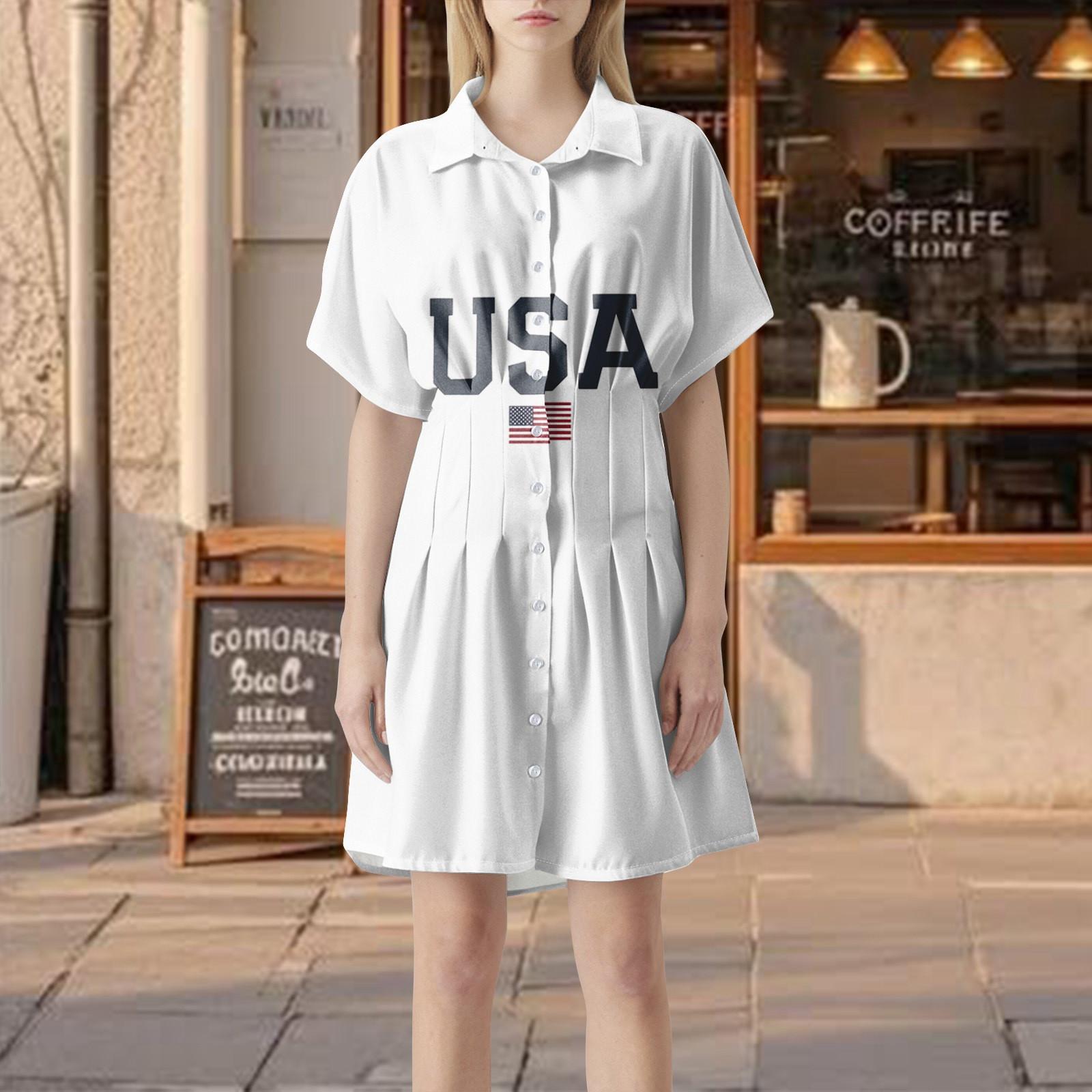 

Женское плиссированное полосатое платье-рубашка с пуговицами спереди, плиссированная рубашка с коротким рукавом, летнее повседневное короткое платье с принтом «День независимости» M