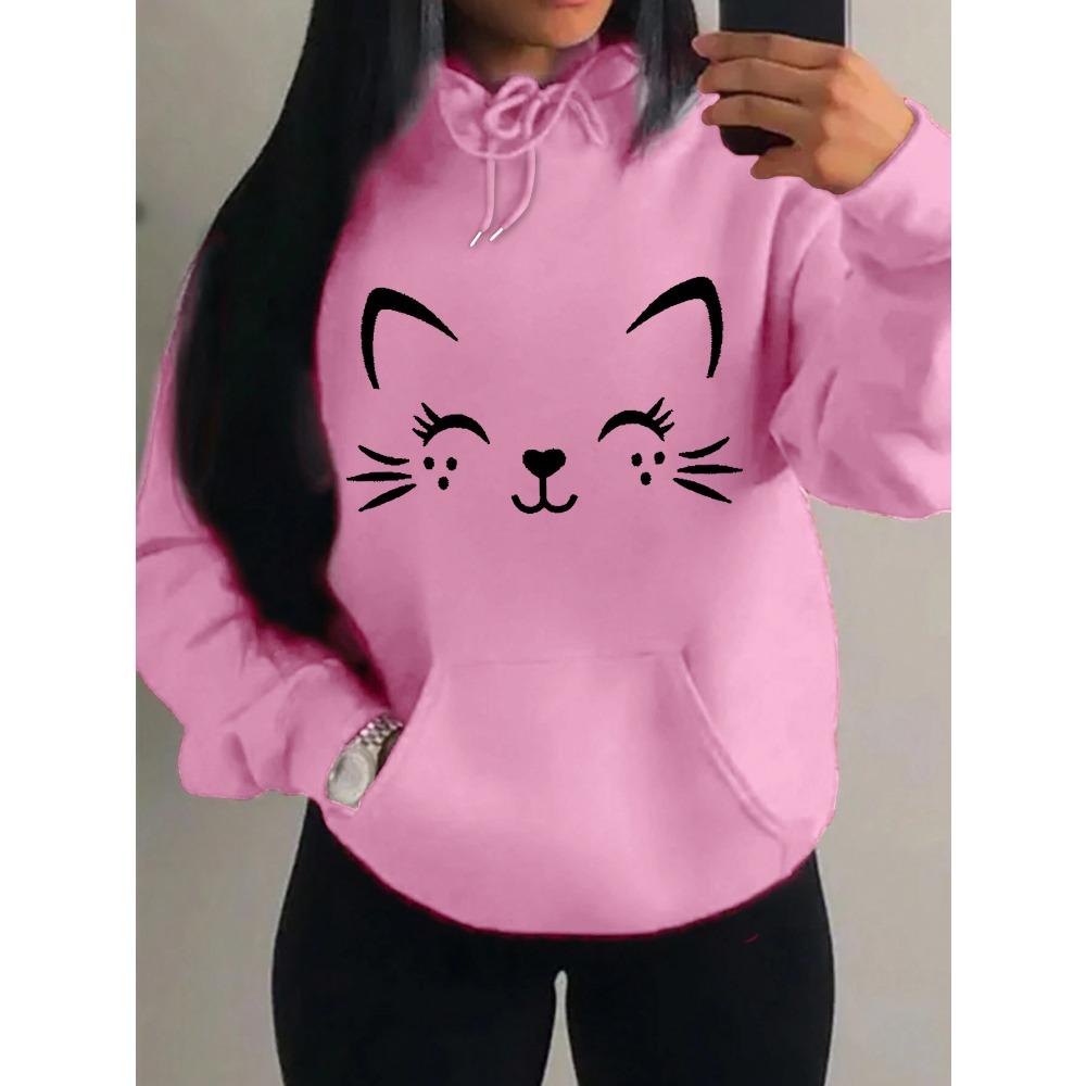 Simple Word Cat Smile Pattern Women Hoodies Fashion Casual Streetwear Personality Hoodie Trendy Fleece Pulloverar