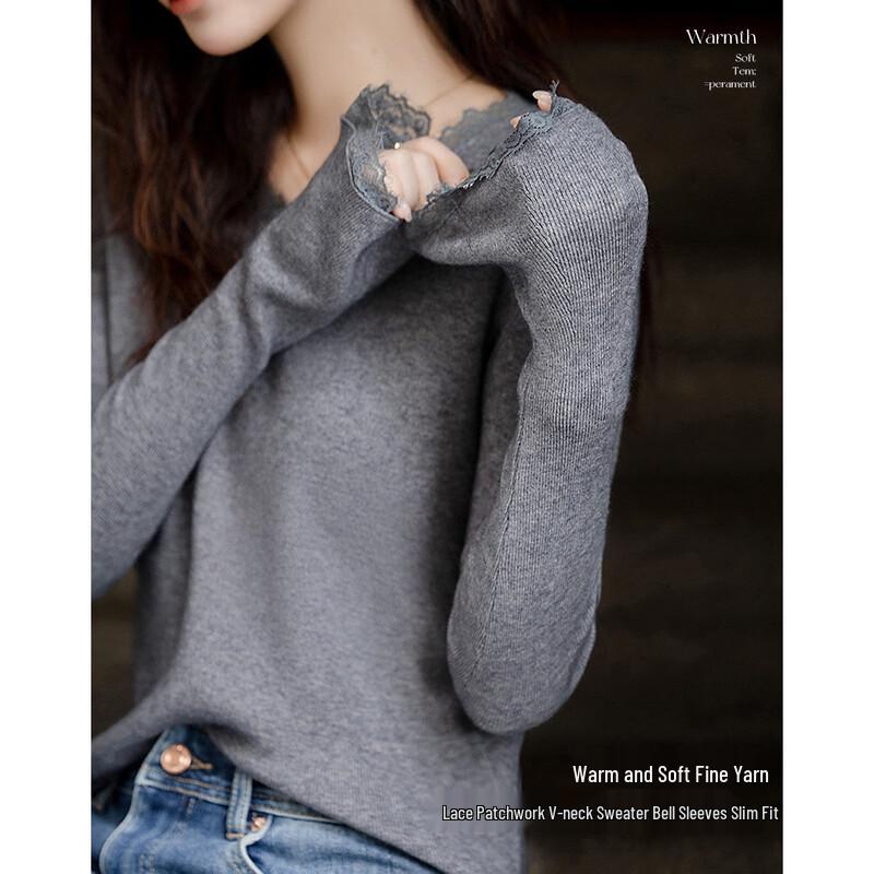 Demana Women s Lace Splicing V-Neck Knit Sweater S