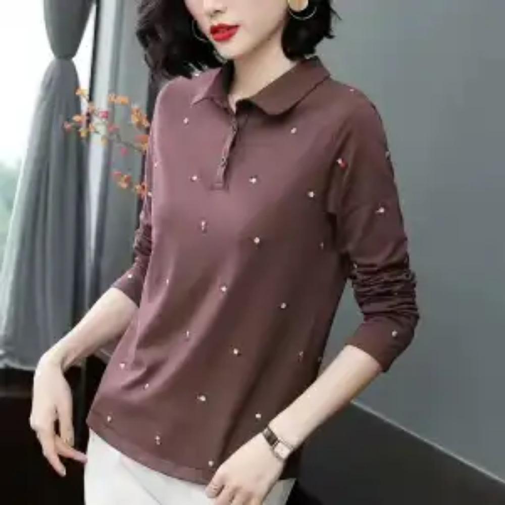 All Season Turn-down Collar Solid Dot Pattern Casual Plus Size Loose Women's Clothing T-Shirts Comfortable Simple Button
