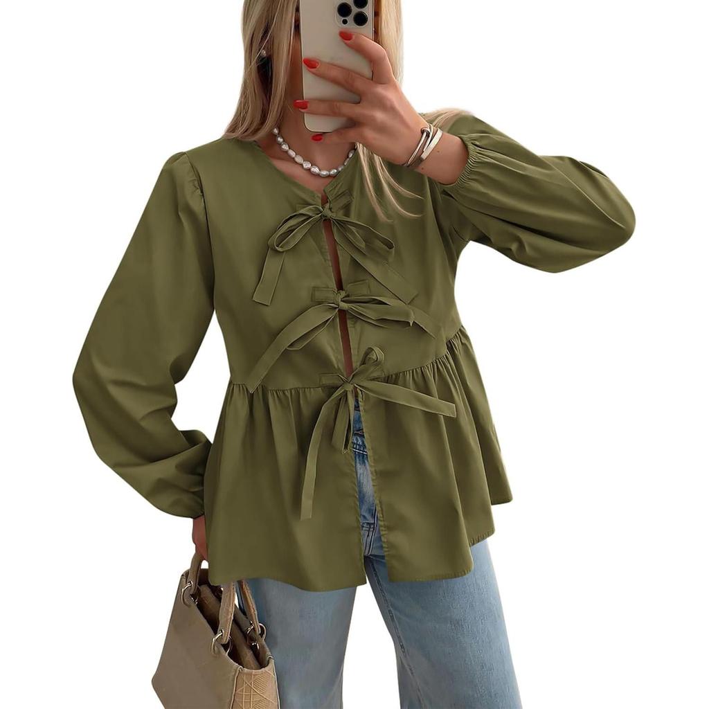 Top Peplo da Donna con Lacci sul Davanti Y2k Manica Corta a Sbuffo Camicia con Lacci Fiocco Orlo con Volant Bluse Babydoll