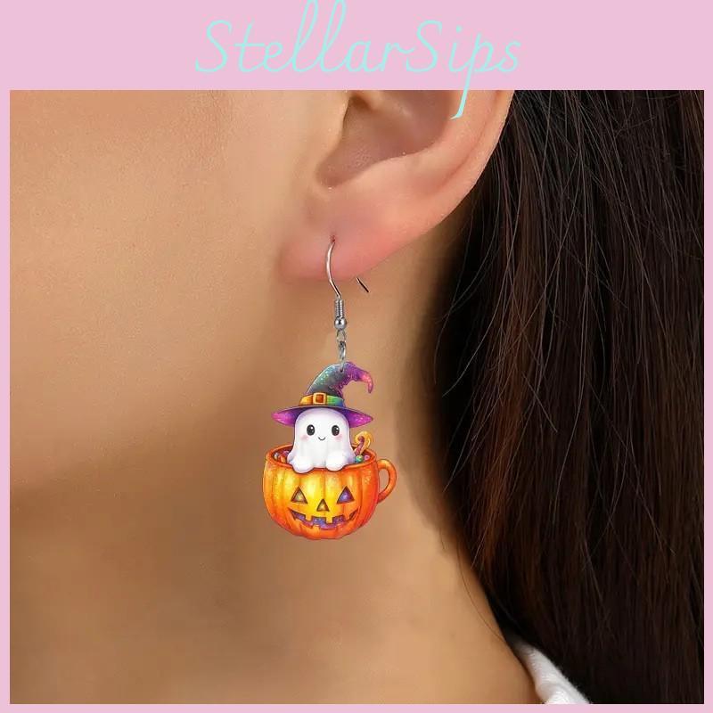 Halloween Themed Ghost Pumpkin Pot Pattern Women Acrylic Earrings For Men And Women Summer