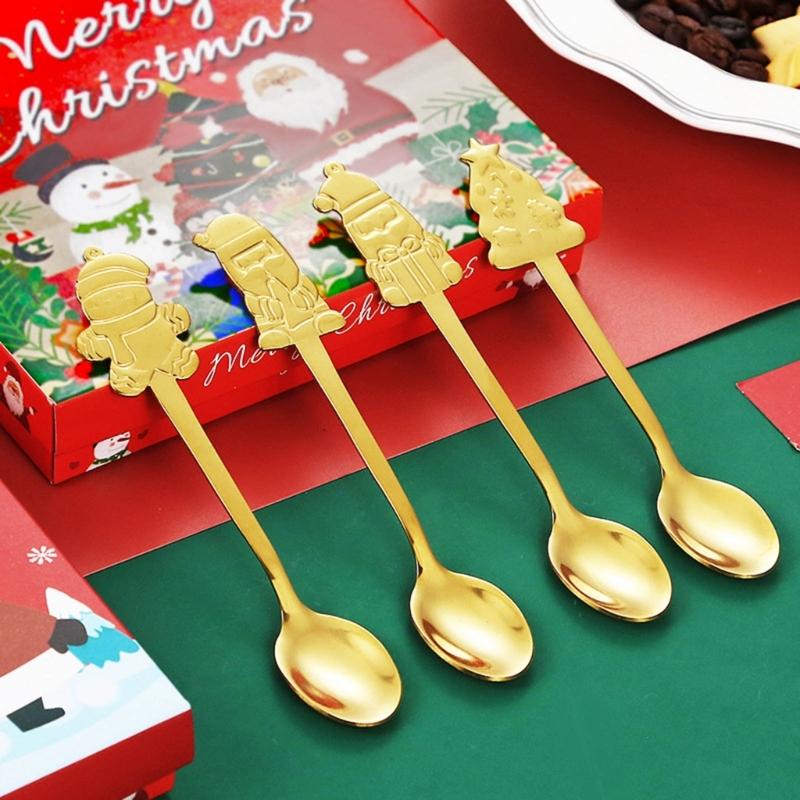 4Pcs Stainless Steel Christmas Coffee Spoons Christmas Trees Santa Tea Spoon Gingerbreads Man Dessert Drink Mixing Spoon
