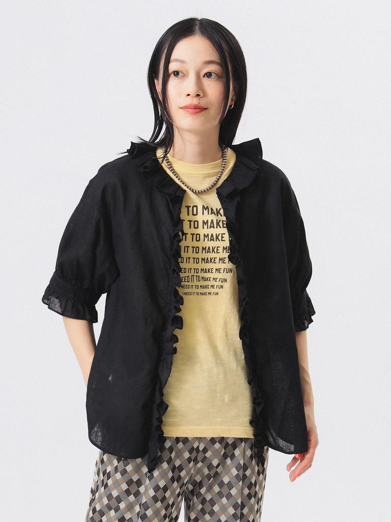 Beams Boy Short Sleeve Cotton Linen Shirt with Ruffles and Gathered One Size Women's Trim, Black,