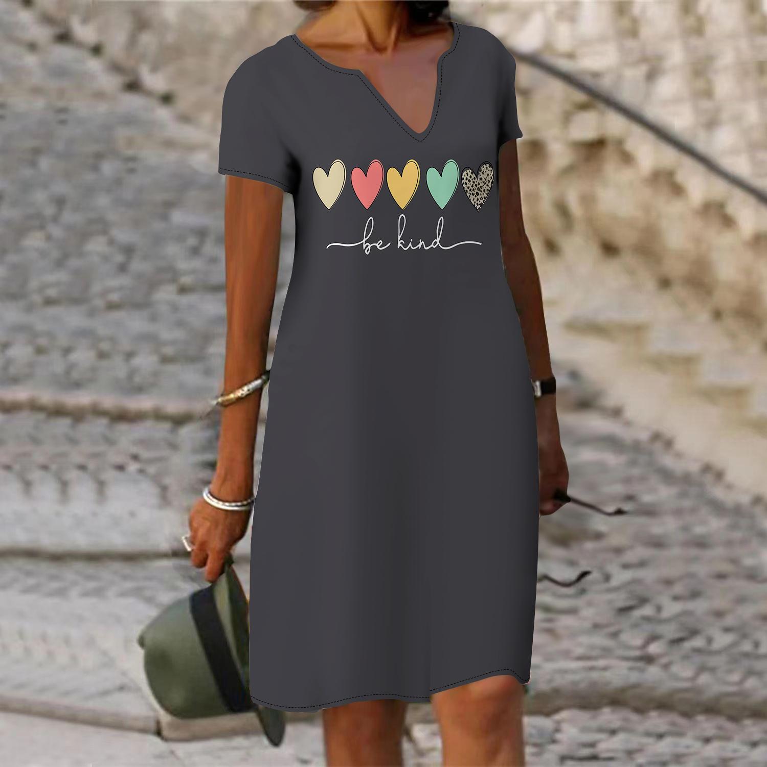 

Летнее модное платье с v-образным вырезом, женское элегантное платье с коротким рукавом с английским принтом, свободное повседневное платье для женщин M серый