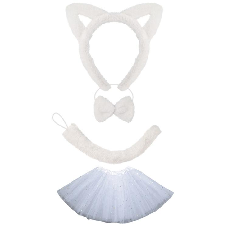 Cats Headband Set Plush Tail Cats Headband Bows Tie Skirt Animals Cosplay Set Cats Costume Set for Halloween