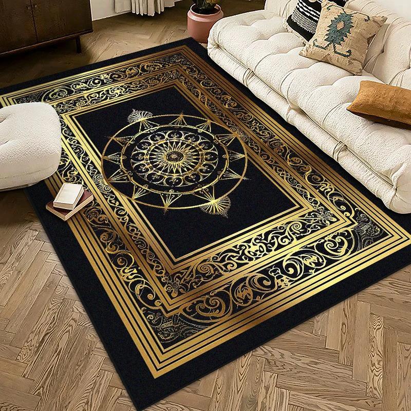Golden Yellow Area Rug – Non-Slip Living Room Carpet for Dining Room or Lounge, Black Bedroom Floor Mat, Large Plush Home Decor