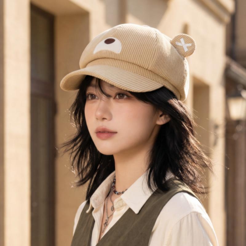 New cute bear ears octagonal hat autumn and winter cartoon bear newsboy hat age-reducing versatile corduroy short brim hat