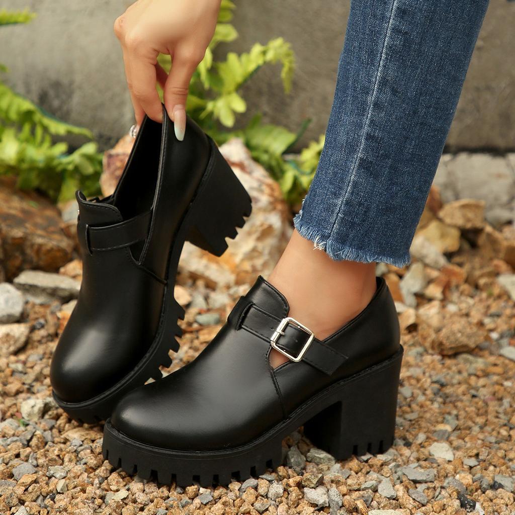 Mocassini Casual con Tacco Grosso e Fibbia Moda Retrò per Donna Nuovo Stile Primavera Bocca Bassa Comodi Scarpe Singole