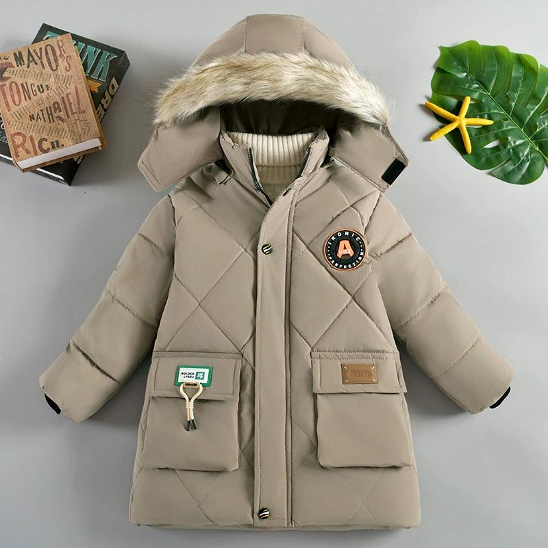 Autumn Winter Boys Jacket Long Style Letter Print Thick Warm Hooded Coat Fur Collar Down Cotton Outerwear For 4-10 Years Kids