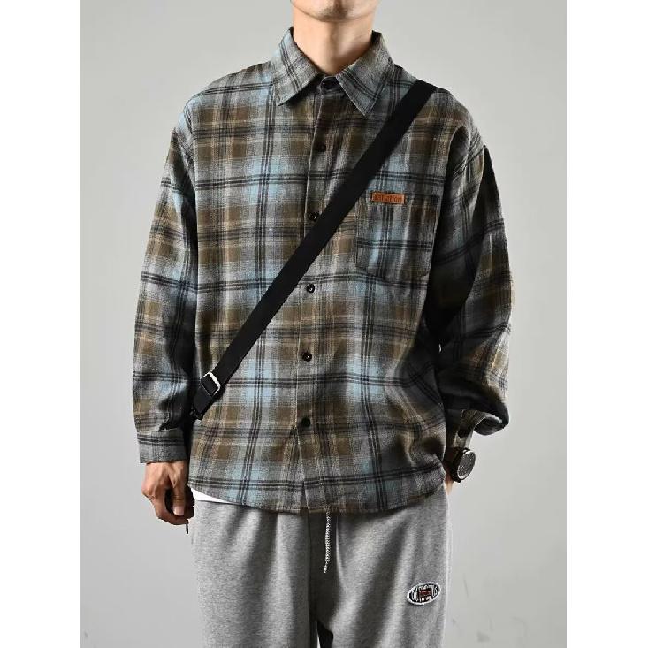 Japanese Style Retro Plaid Shirt Women's Lapel Long-Sleeved Shirt Cashmere Short Coat Couple's Loose Version Spring and Autumn Fashion