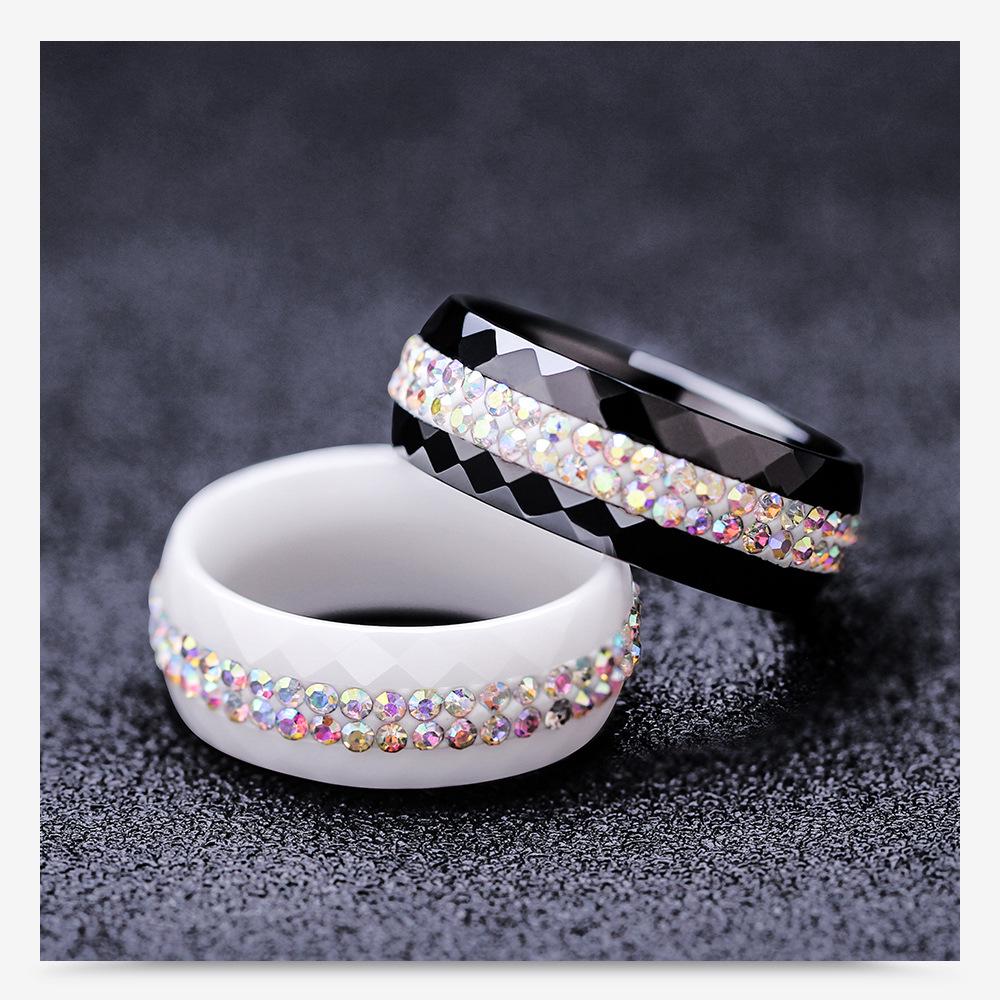 8MM Black and White Ceramic Ring with Dual Row Inlaid Diamonds for Women