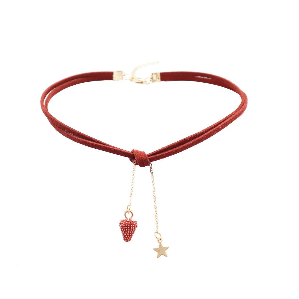 Burgundy Pearl Strawberry Pendant Ribbon Choker Necklace for Women