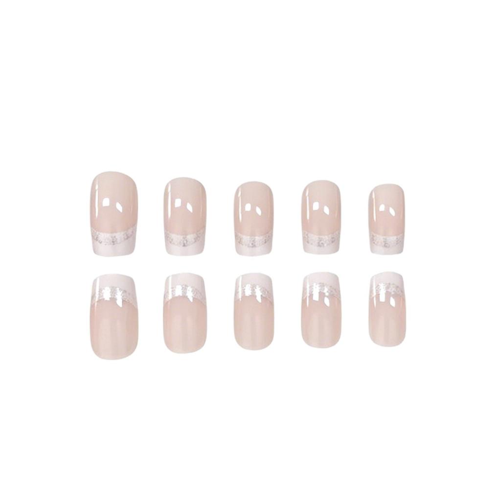 24 Nail Art Nude White Edge Double French Silver Glitter Craft Medium And Long Square Wearing Nail