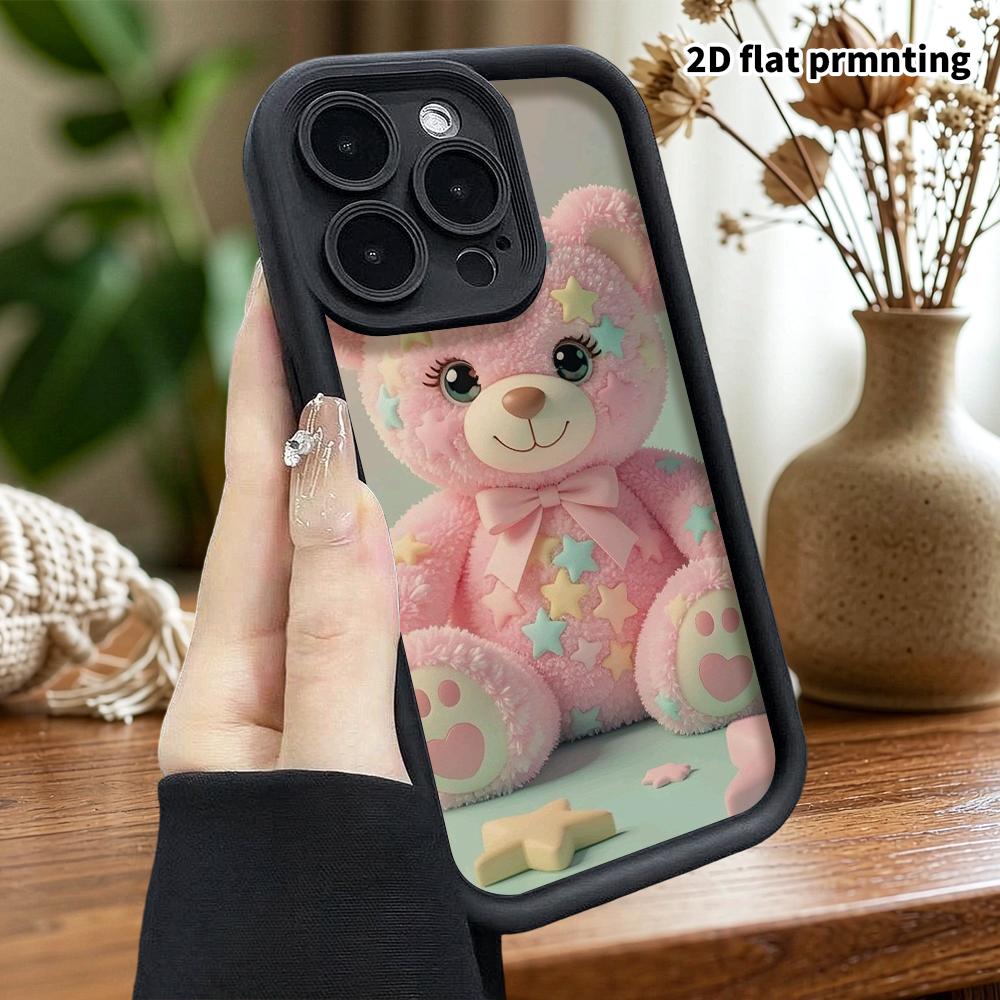 Phone Case: 2D Flat Design Suitable for iPhone 18, 17, 16, 15, 14, 13 Pro Stepped Protective Case, Pink Plush Little Bear, Christmas and Halloween Gif