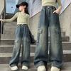 Girls Cargo Jeans Kids Wide-legged Denim Pants Teenagers Fashion Streetwear Loose Trousers Children Casual Clothes 5-12Y