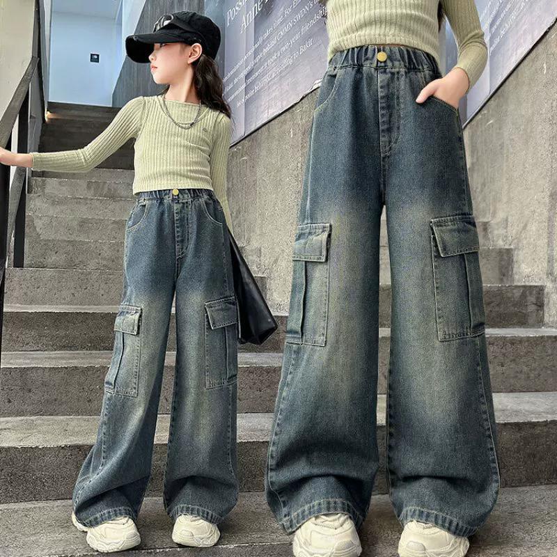 Girls Cargo Jeans Kids Wide-legged Denim Pants Teenagers Fashion Streetwear Loose Trousers Children Casual Clothes 5-12Y