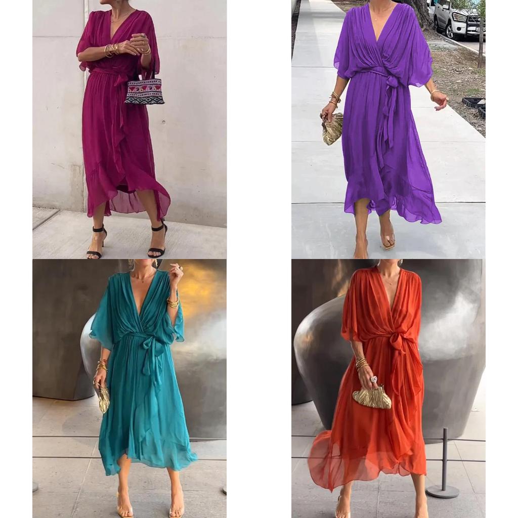 Elegant Summer Maxi Dress With Vneck And Batwing Sleeves For Casual Wear