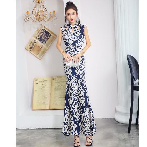 Женское летнее вечернее платье новое сексуальное с вырезами сине-белый фарфор улучшенный ципао облегающее бедра платье-рыбий хвост S