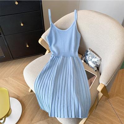 Vestido de Verão Feminino Cintura Fina Plissado Alça Fina Vestido Tricotado Vintage Streetwear Saia