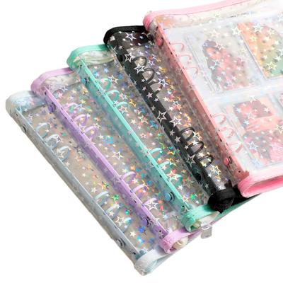 Uniqarbo Csillagmintás Zöld Gyűjtőkártya Cipzáras Binder Átlátszó A5 6 Gyűrűs Újratölthető Rendszerező K-pop Anime Kártyákhoz