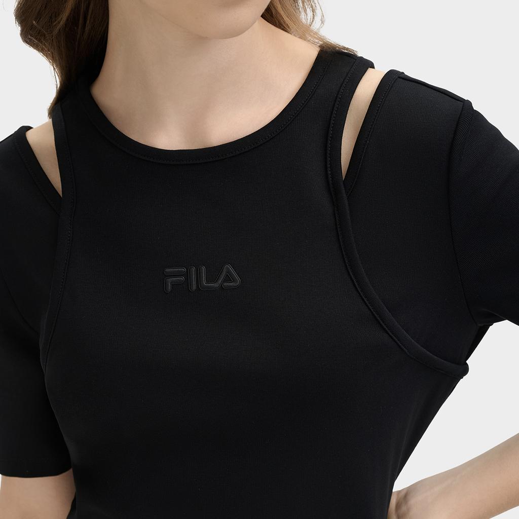 FILA Original Fashionable Personality Trendy Soft Comfortable Breathable Cut-Out Short Sleeve Dress Women dresses Black F51W529301F-BK