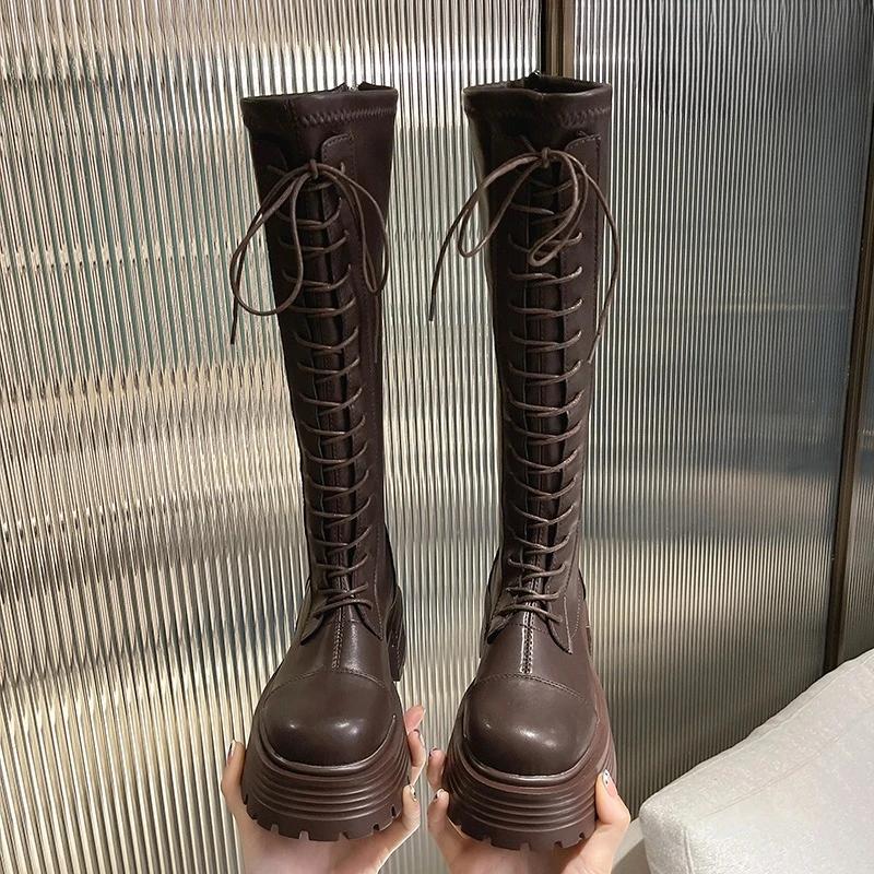 Platform Lace-up Boots Women's Autumn and Winter New Elastic Shows Skinny and Heightens Little Man Knee-Free Long Knight Boots