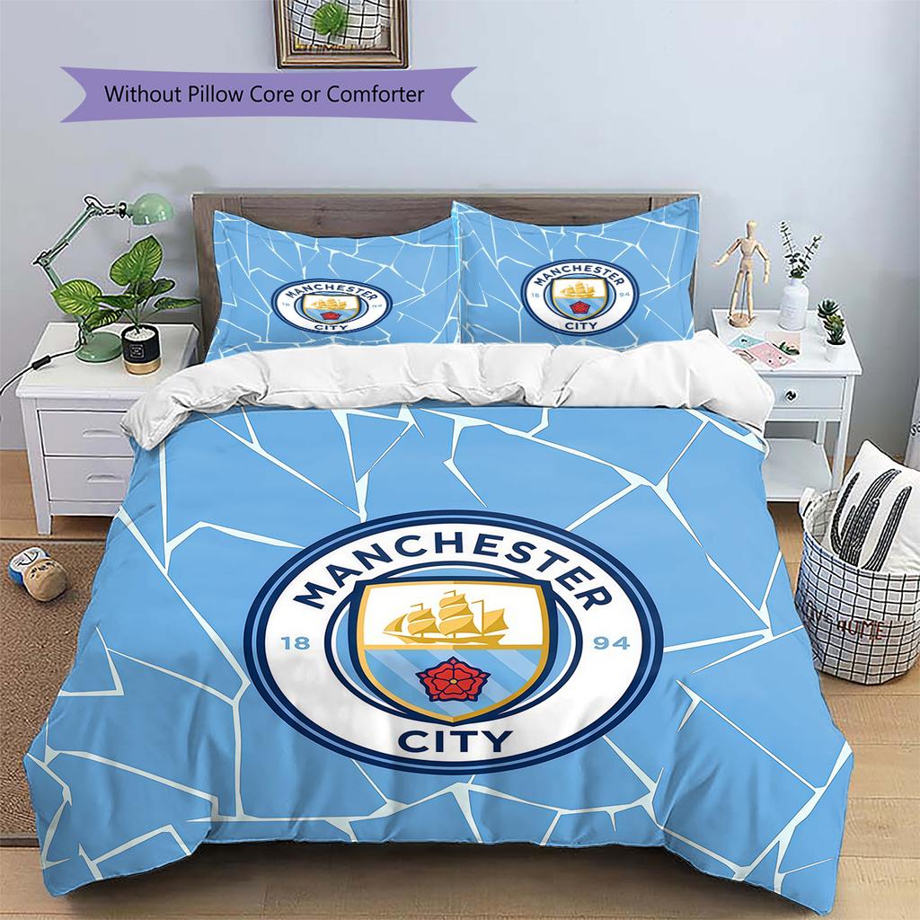 Set Copripiumino Trapuntato con Motivo Manchester City F.C Decorazione per la Casa Regalo (1 * copripiumino + 2 * federe senza imbottitura)