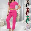Damen Stretch Wellenkante Kurzarm Lange Hose Studenten Hausanzug Rundhals Uni Nachtwäsche Loungewear Damen Pyjama