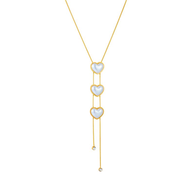 Internet Celebrity Style Pearl Heart Tassel Necklace & Stud Earrings Set, Titanium Steel, Tarnish-Resistant.